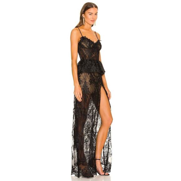 V. Chapman Ophilia Ruffled Peplum Front-Slit Lace Corset Gown Black Size 4 NWT - Picture 4 of 12
